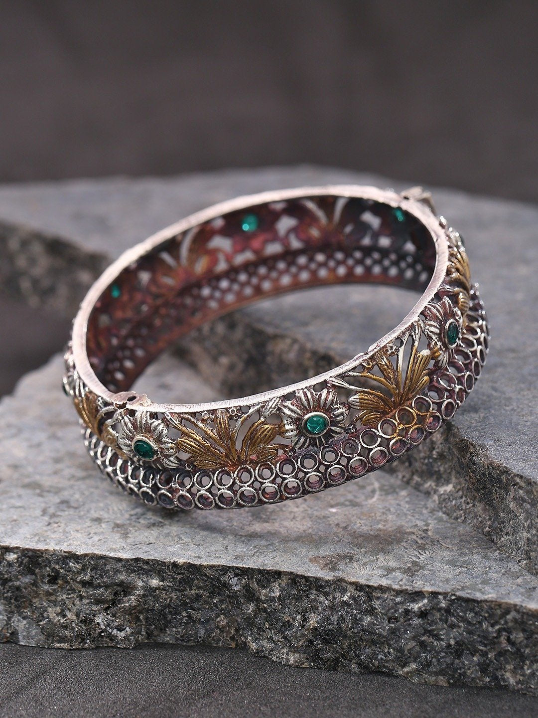 Antique Dual-Toned Flower Design Openable Bracelet