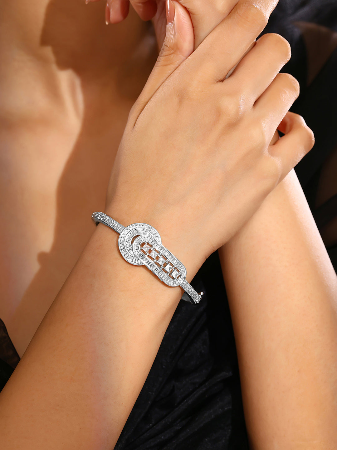 Fancy Rhinestones AD Silver Plating Kada Style Bracelet