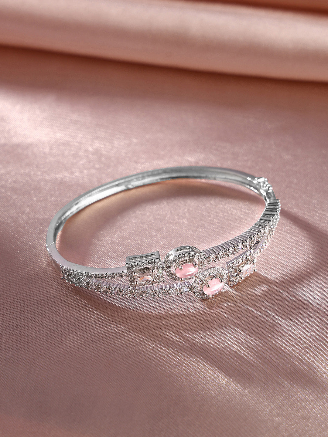 Pink AD Stones Geometrical Design Silver Plating Elegance kada Bracelet
