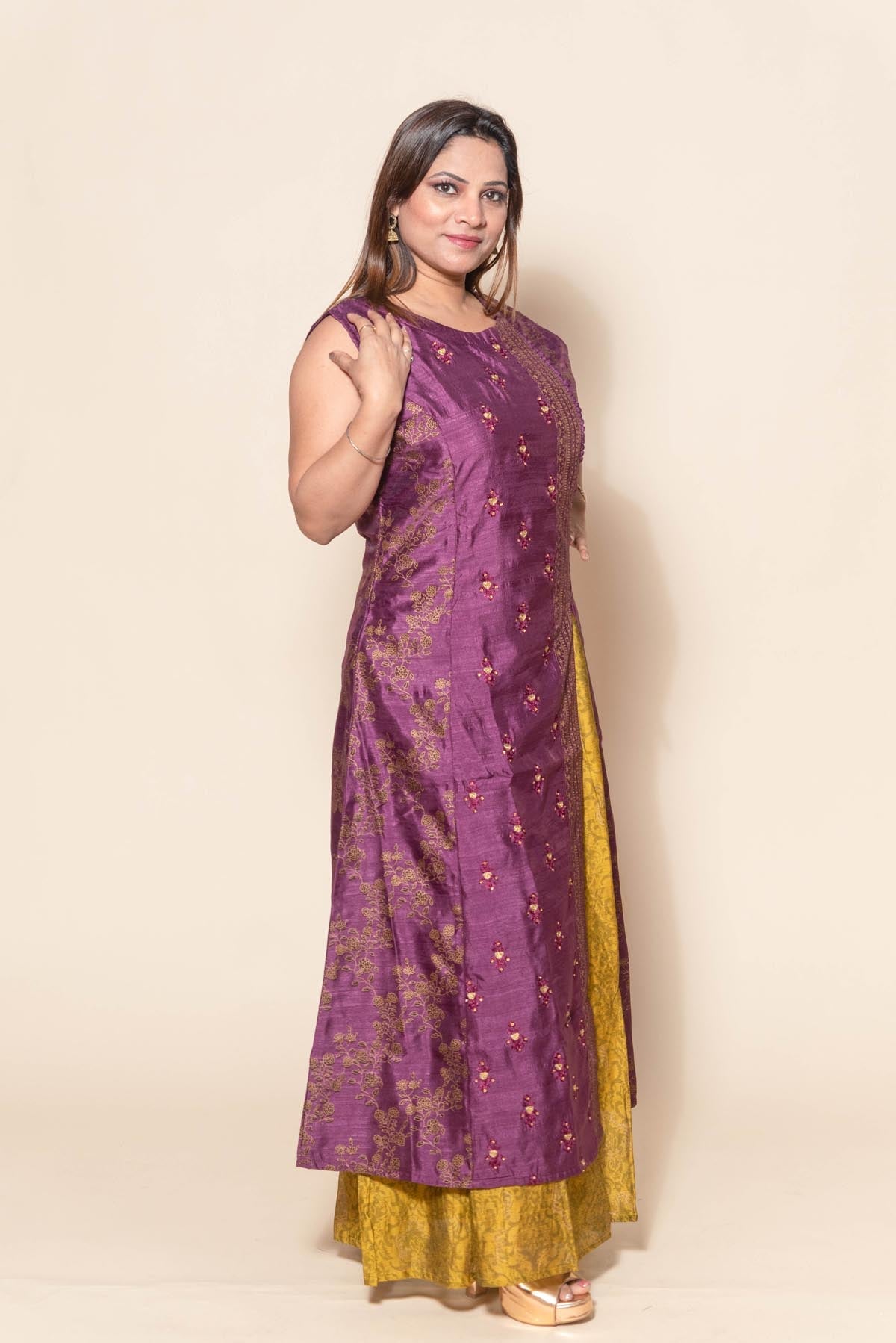 Purple & Mustard Yellow Resham Work Dress - Exquisite Indian Party Wear
