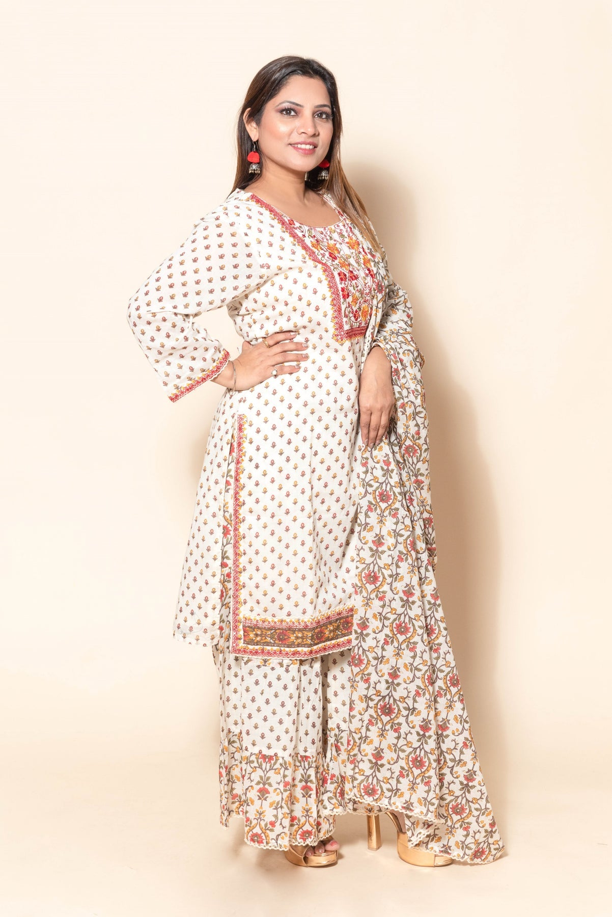 Trendy White and Red Cotton Suit with Mirror Work, Sequins, and Thread Work