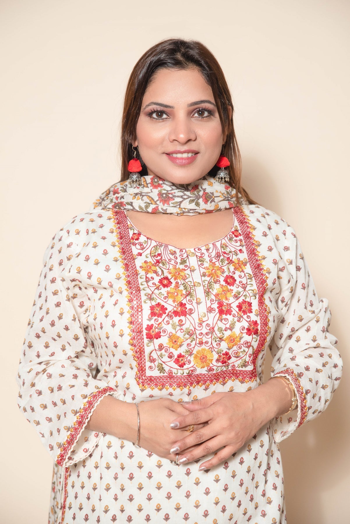 Trendy White and Red Cotton Suit with Mirror Work, Sequins, and Thread Work