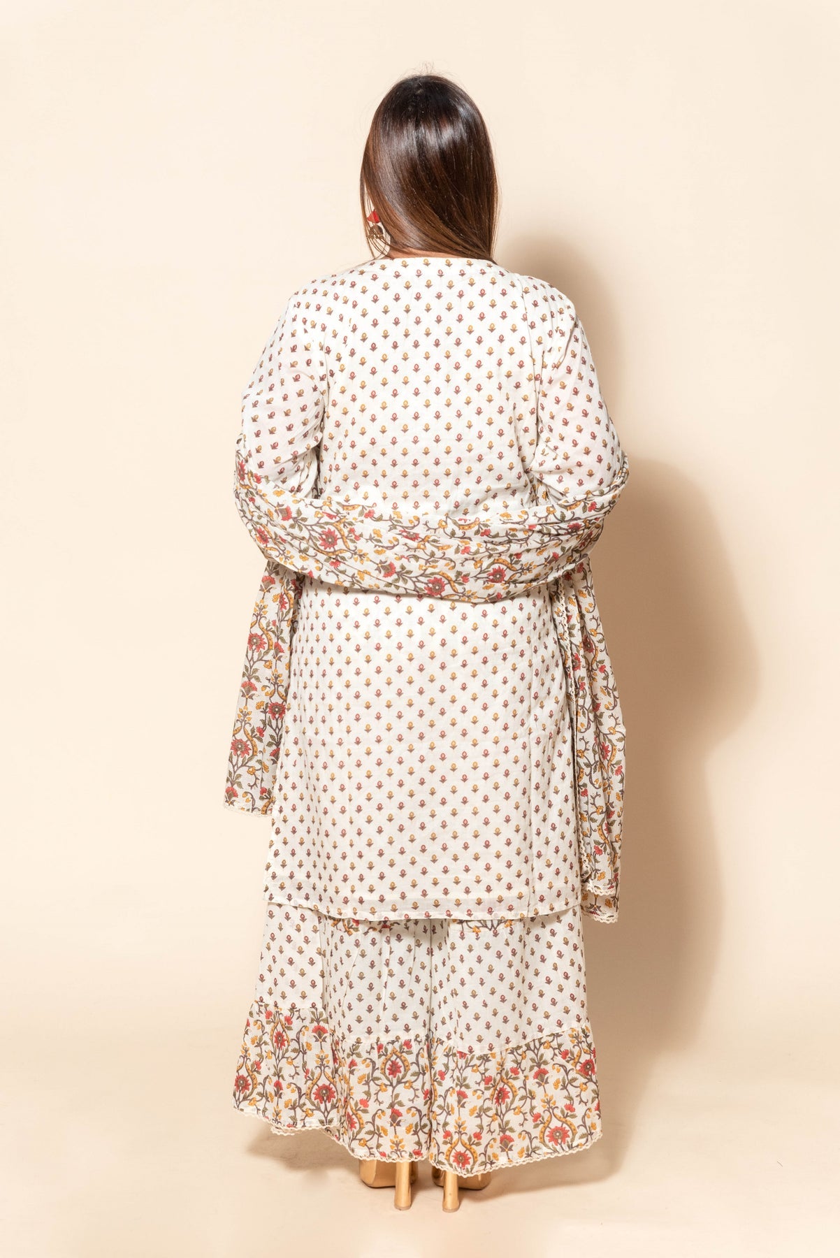 Trendy White and Red Cotton Suit with Mirror Work, Sequins, and Thread Work
