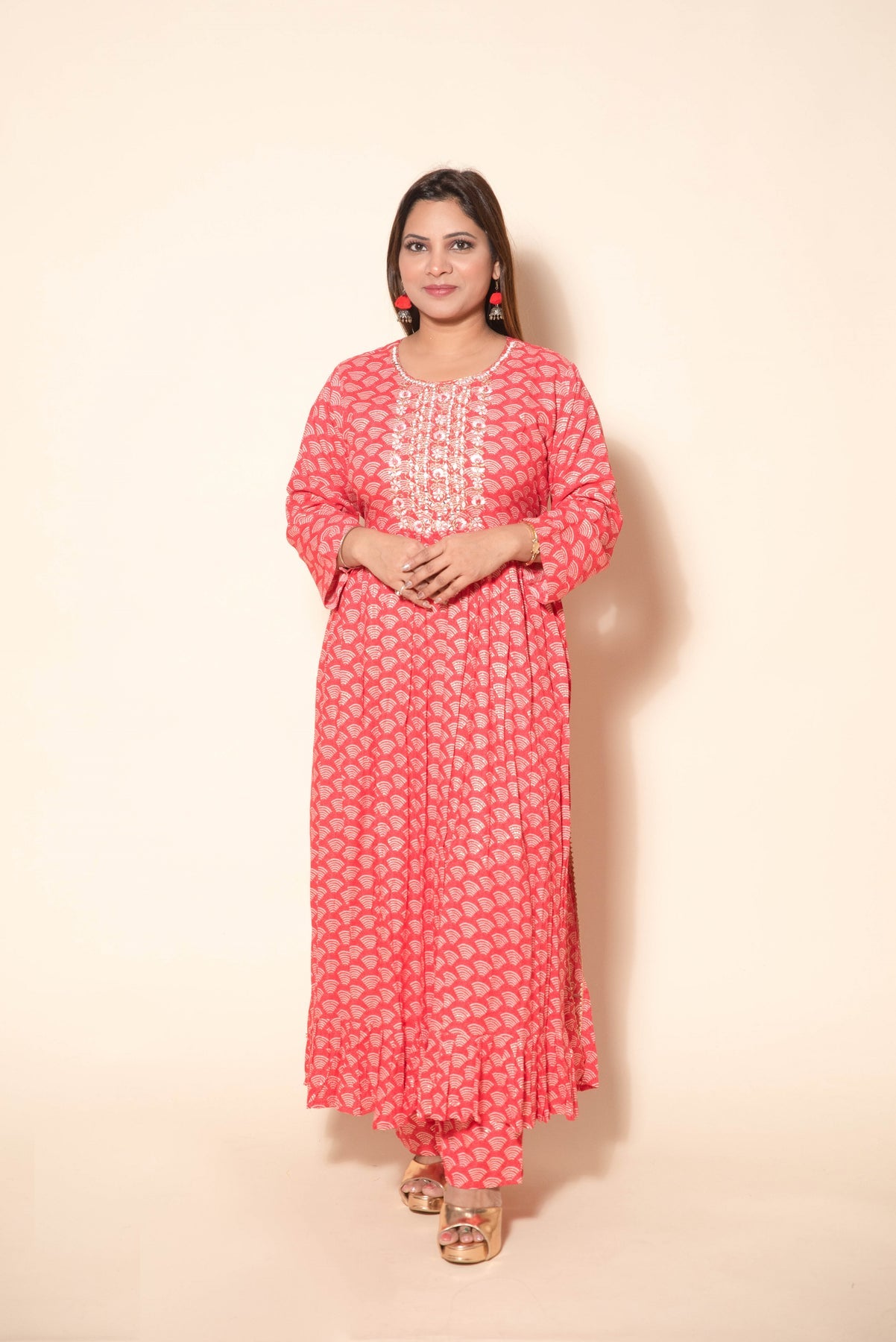 Red Rayon Cotton Suit With Mirror Work and Thread Work - Designer Wear for Women