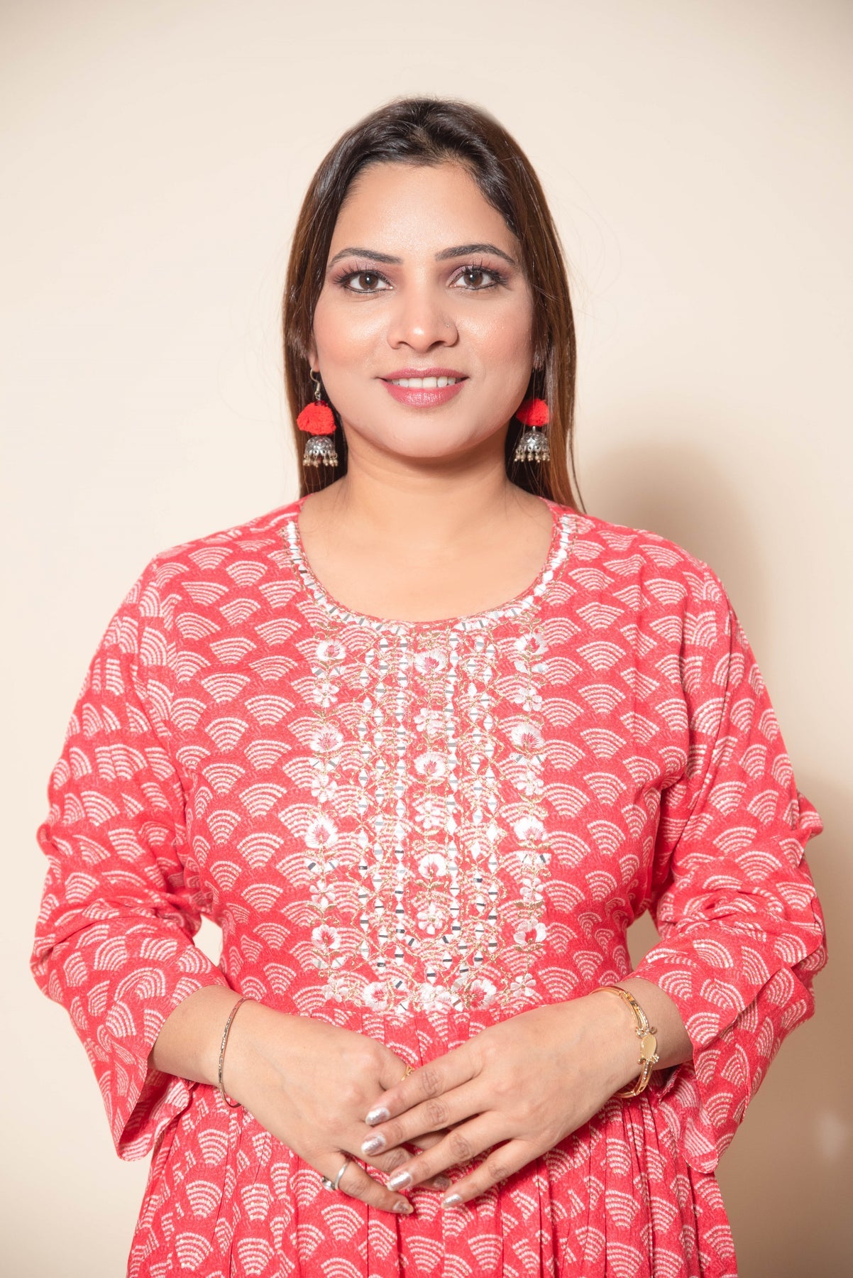 Red Rayon Cotton Suit With Mirror Work and Thread Work - Designer Wear for Women