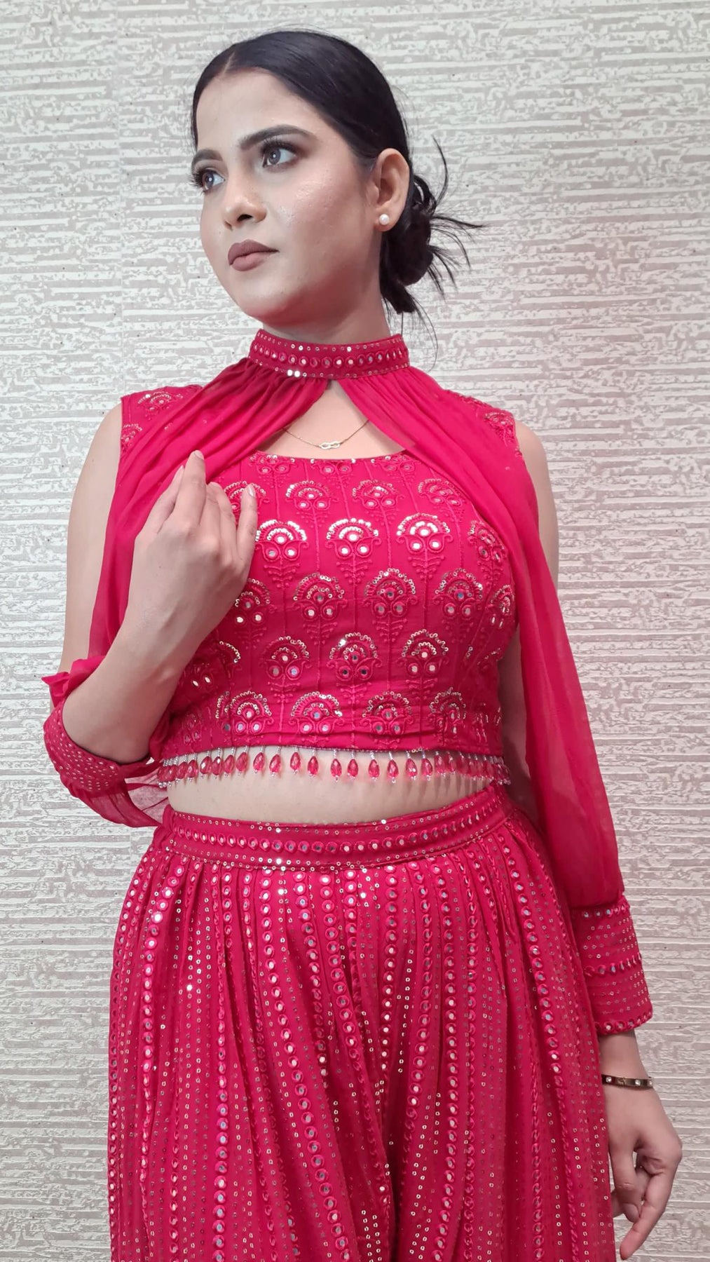 Mirror Work Dazzling Red Set With Detachable Sleeves And Afghani Pants