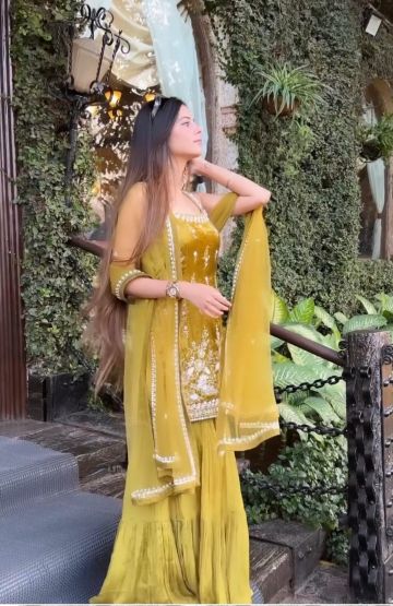 elegant green color floral motif embroidered sharara set