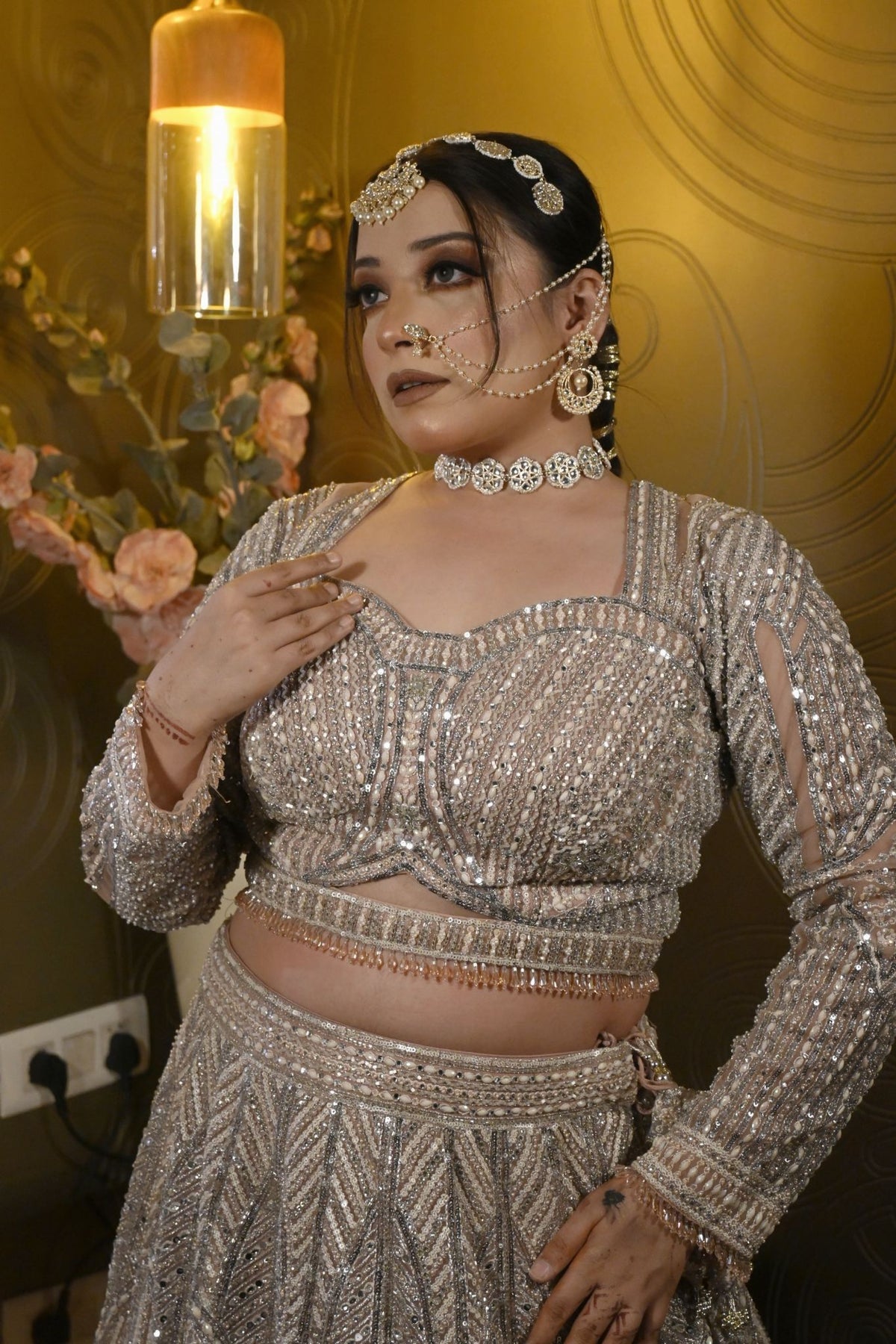 adorable brown color geometrical motif embroidered lehenga