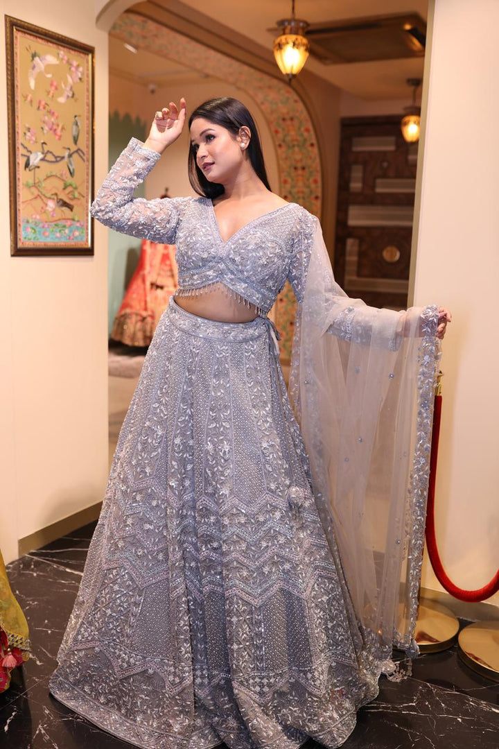 Silver Fancy Net Lehenga