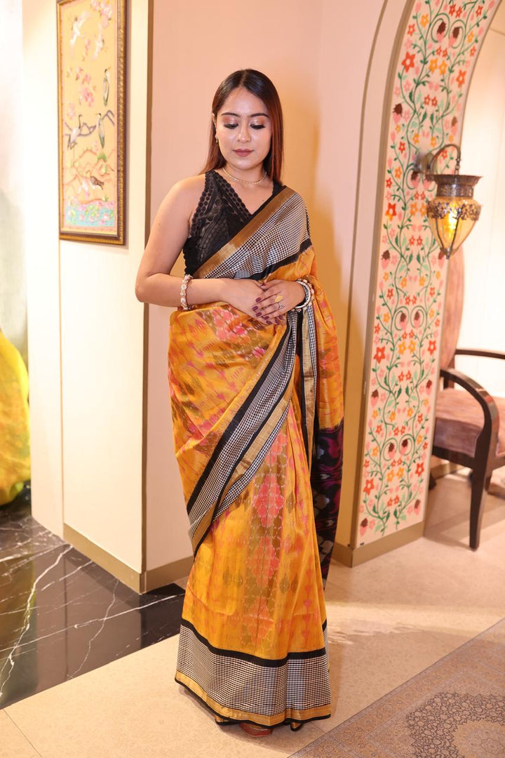 Mustard Yellow & Black South Patola Saree