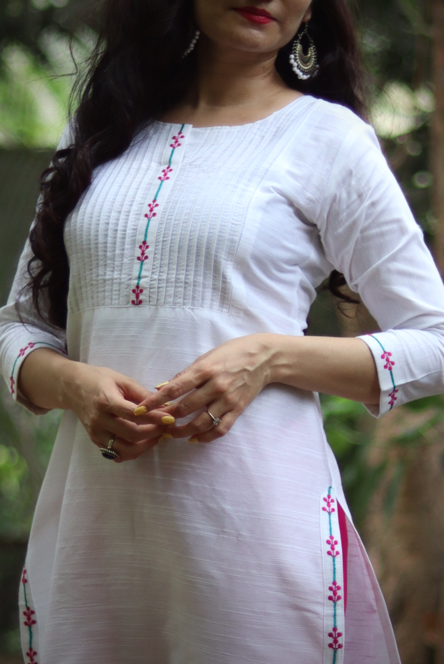 Embroidered Slub Silk Kurti White Sapphire (KURTI)