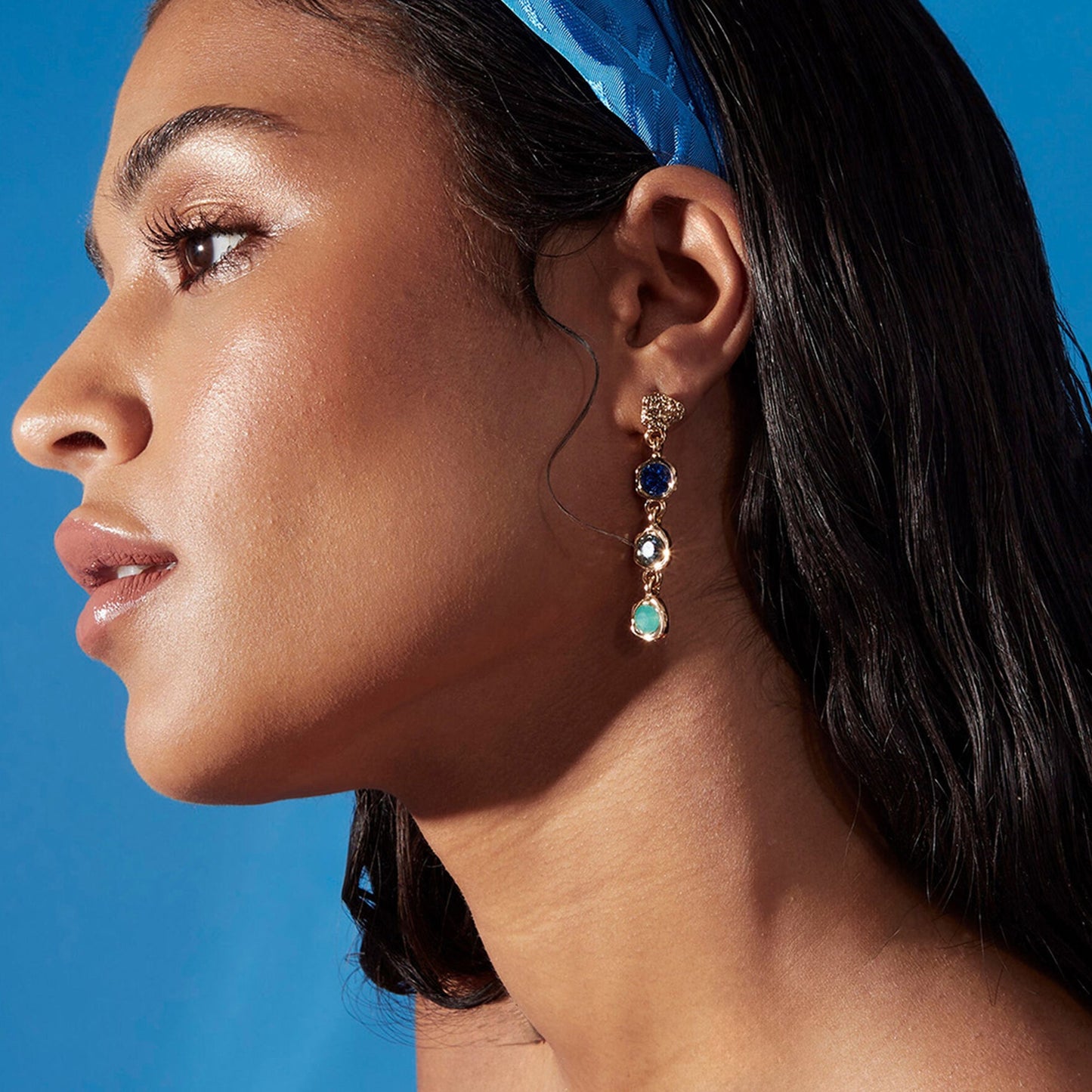 London Women's Multi Organic Molten Gem Long Drop Earrings