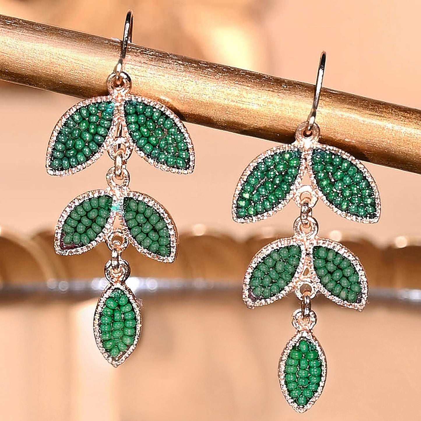 London Women's Green Beaded Leaf Drop Earrings