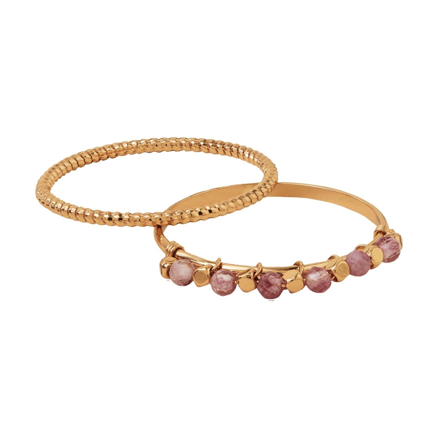 London Women's Z Real Gold Plated Pink Beaded Ring Pack of 2 - MEDIUM