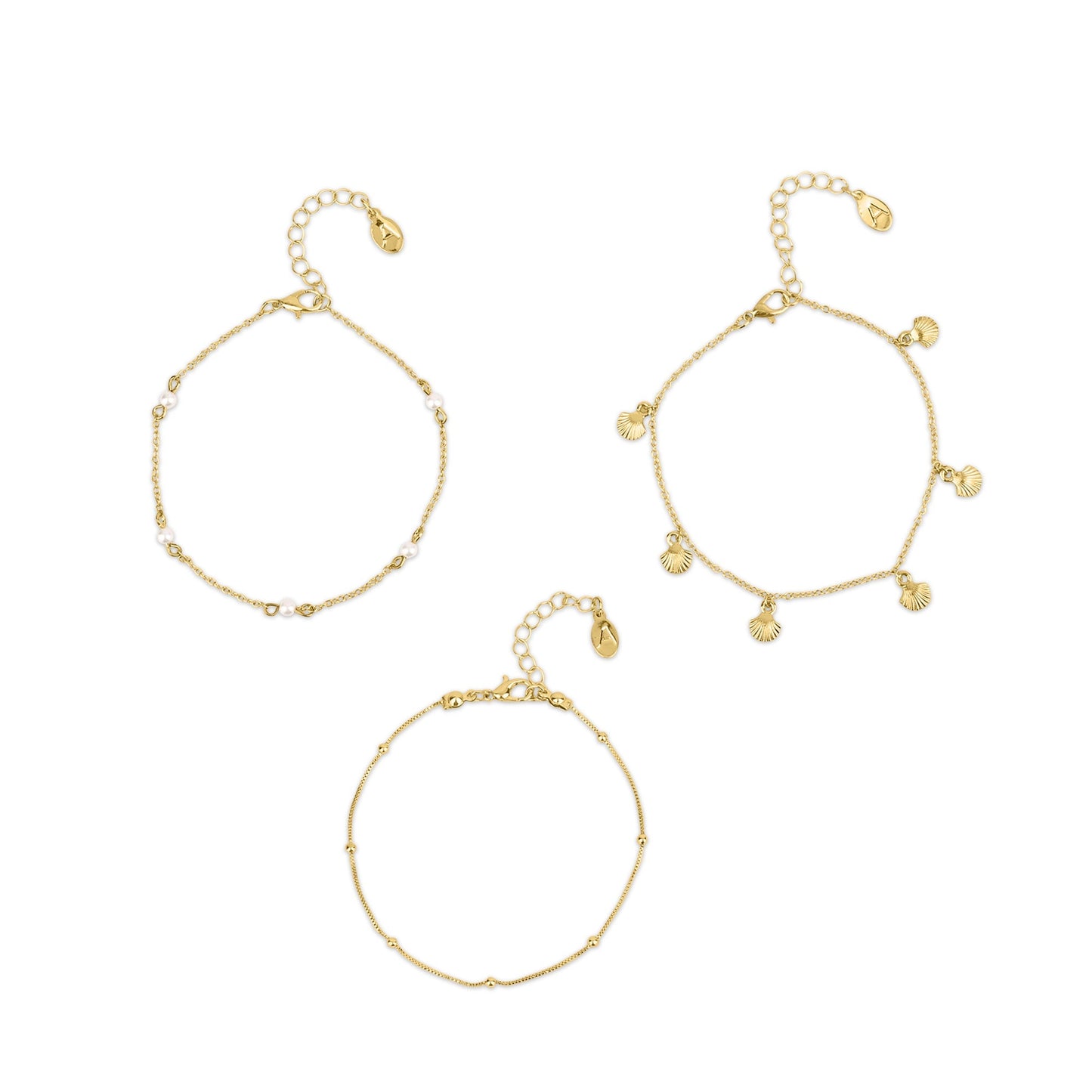 London Women's Gold Shell And Pearl Anklets Pack Of 3