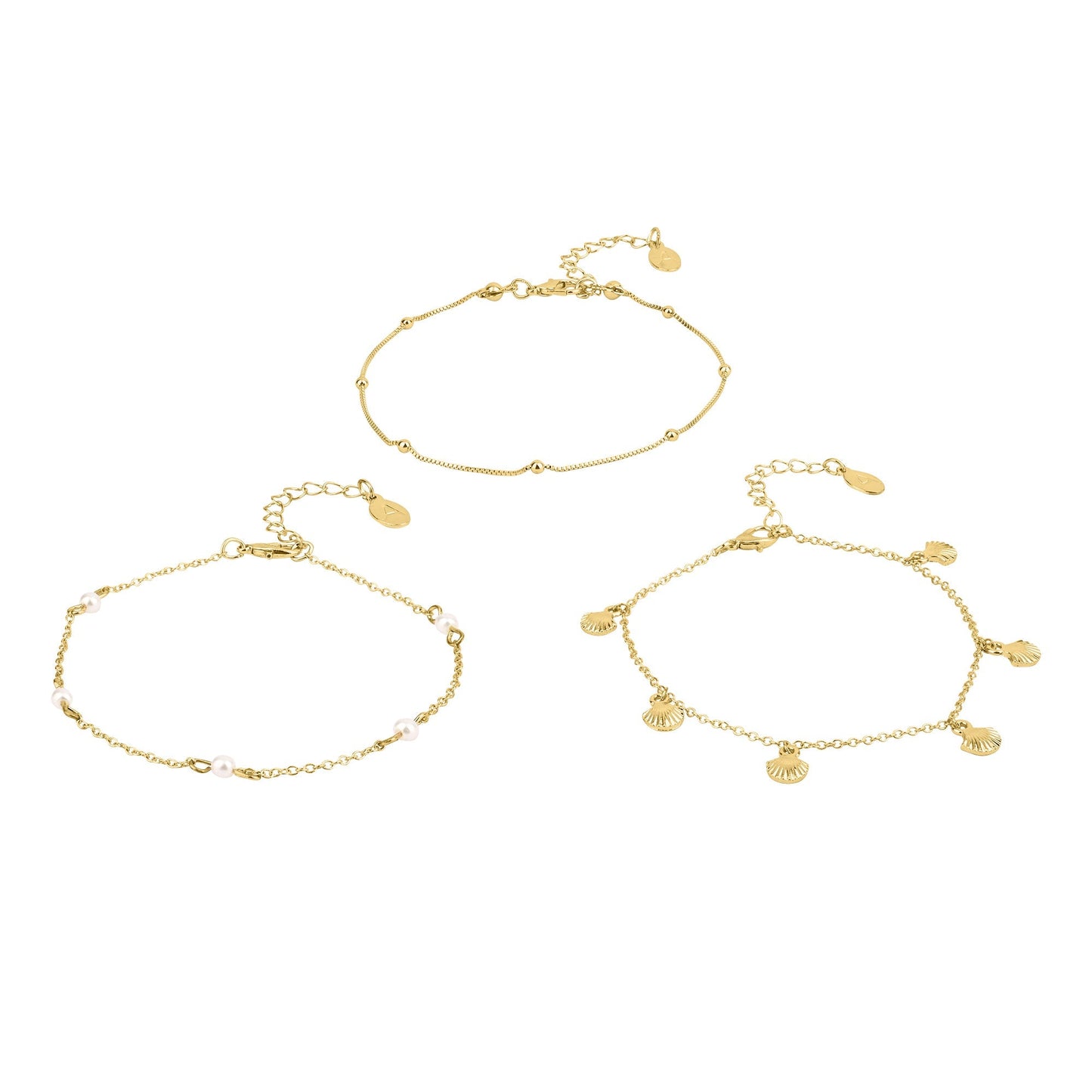 London Women's Gold Shell And Pearl Anklets Pack Of 3