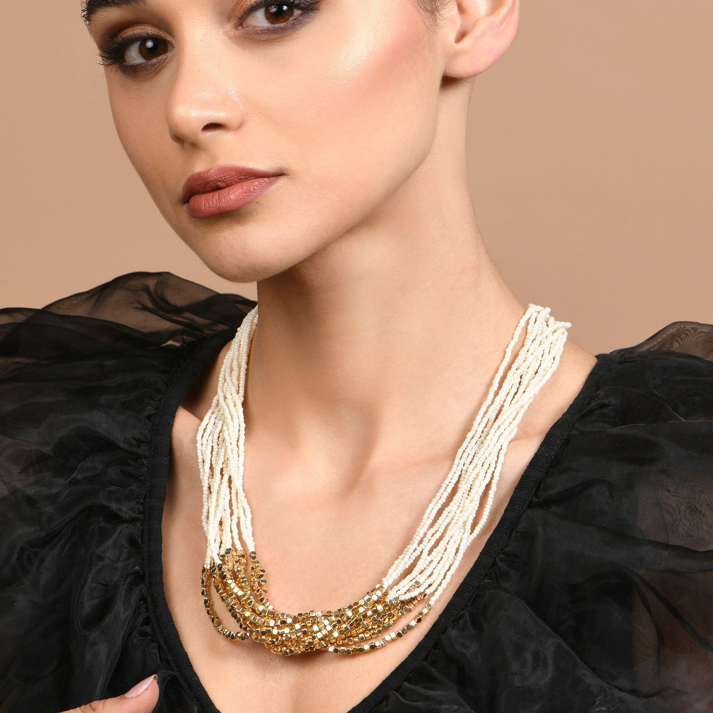 London Women's White Layered Beaded Necklace