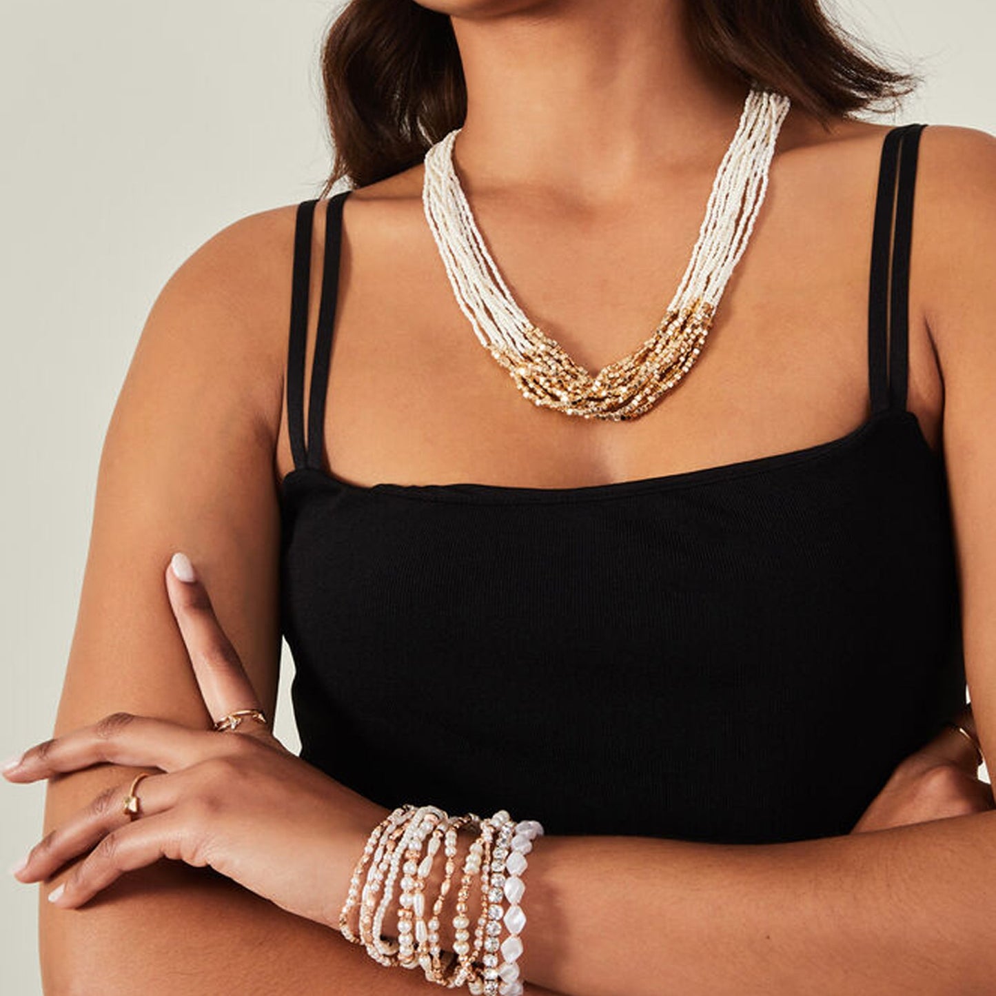 London Women's White Layered Beaded Necklace