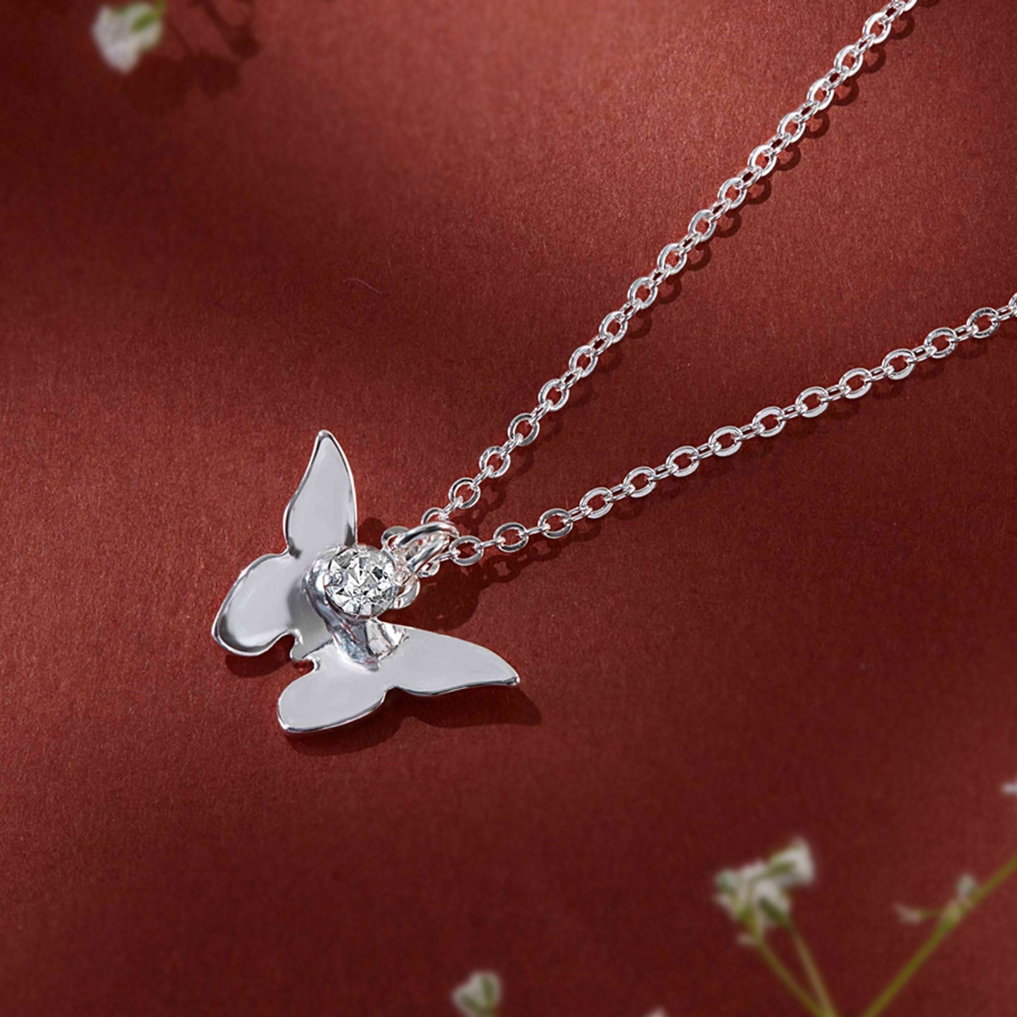 Silver Solid Butterfly Pendant Necklace