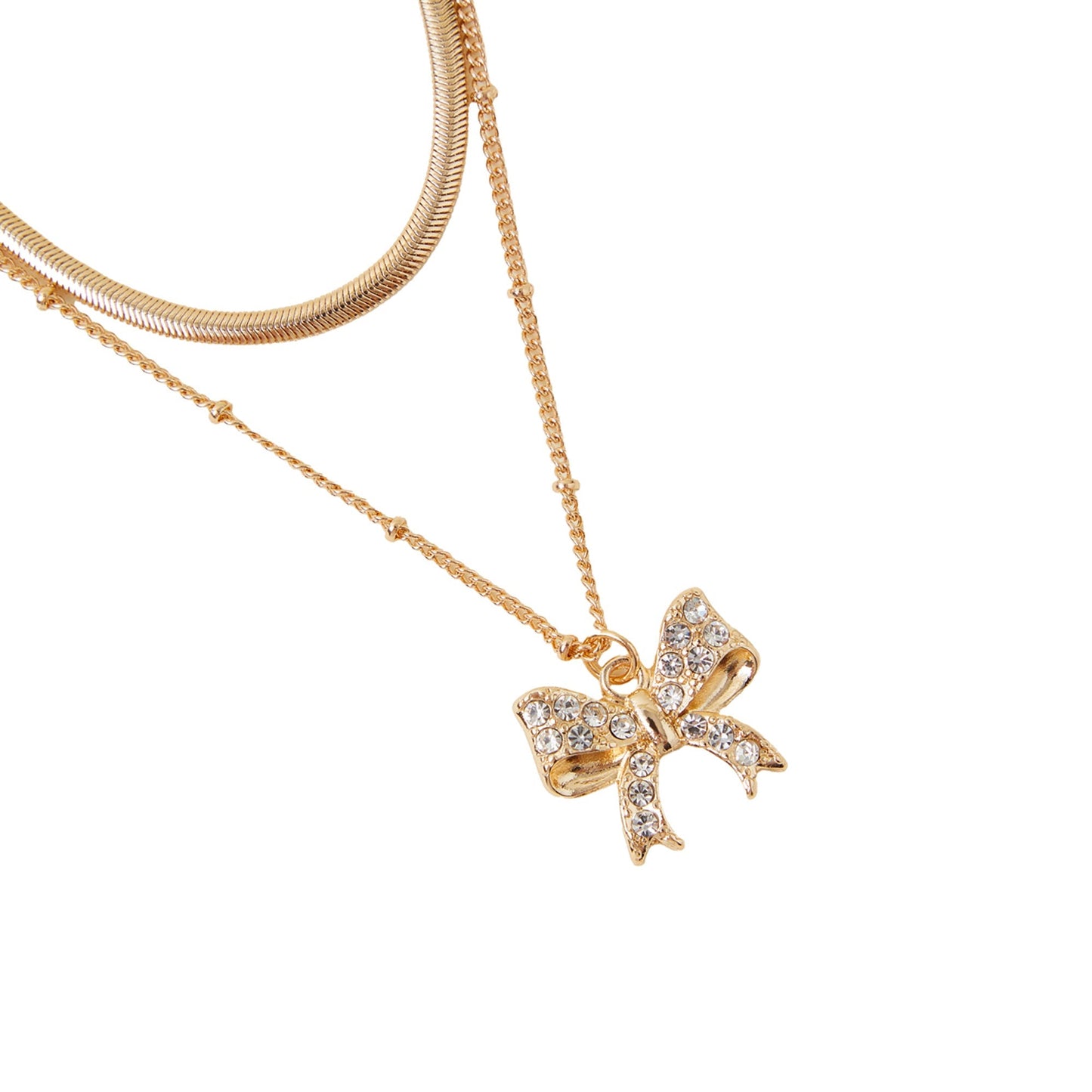 Gold Layered Pave Bow Pendant Necklace