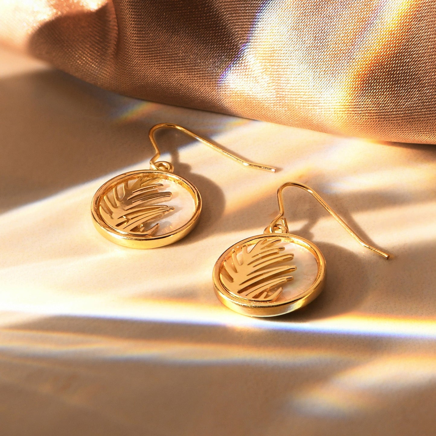 London Women's Gold Moonstone Circle Leaf Earring