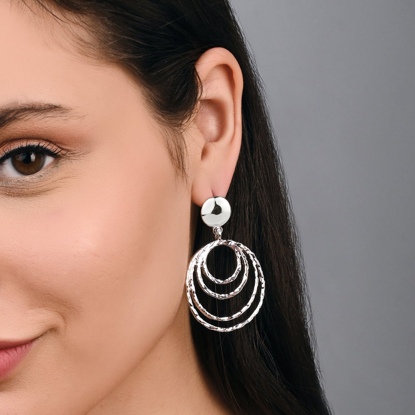 London Women's Silver Textured Circles Statement Earring