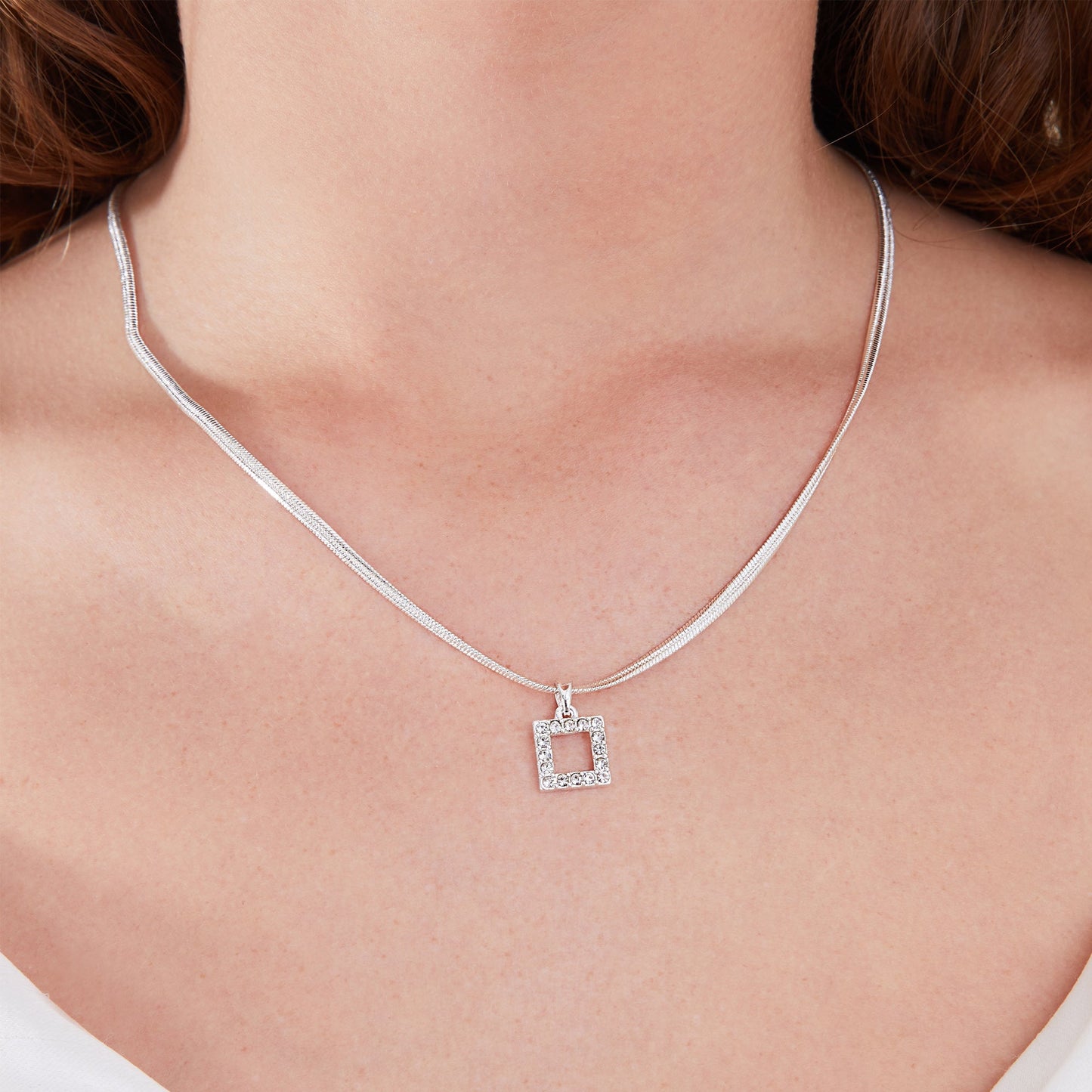 London Women's Silver Snake Chain Crystal Square Pendant