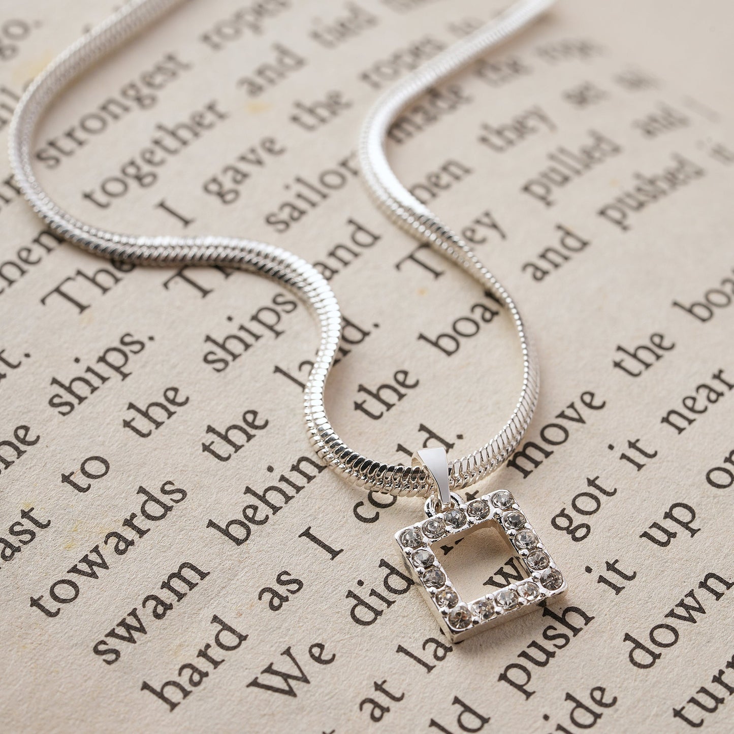 London Women's Silver Snake Chain Crystal Square Pendant
