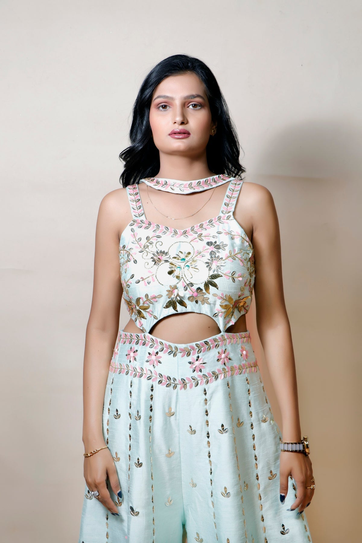 Aqua Blue Party Dress with Intricate Cut Dana and Patti Work