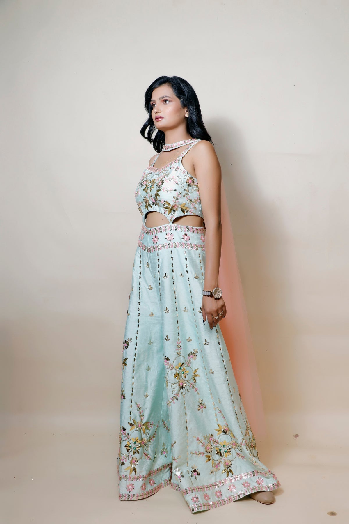 Aqua Blue Party Dress with Intricate Cut Dana and Patti Work