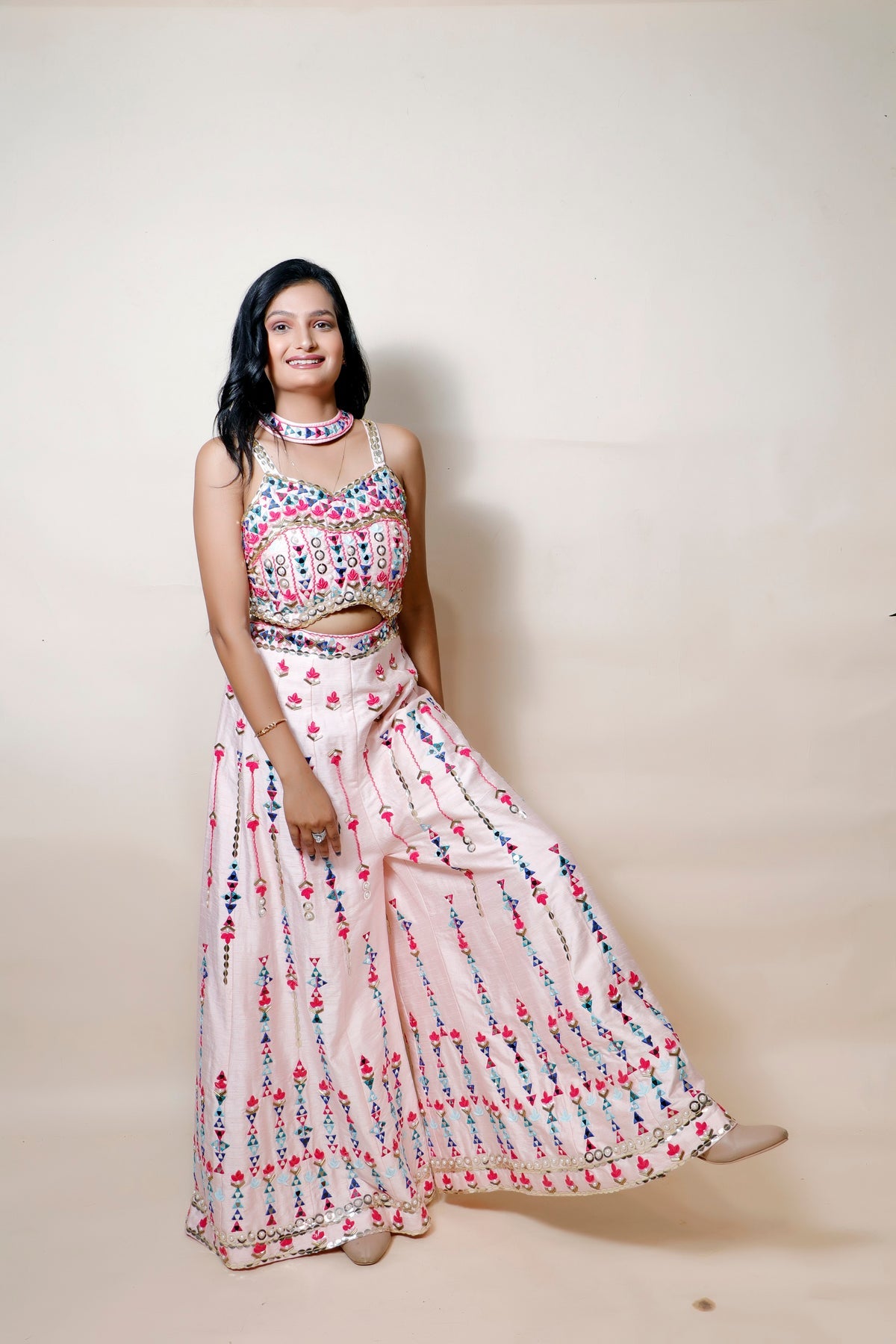 Blushing Beauty: Baby Pink Silk Dress With Intricate Patti, Bead, And Mirror Work