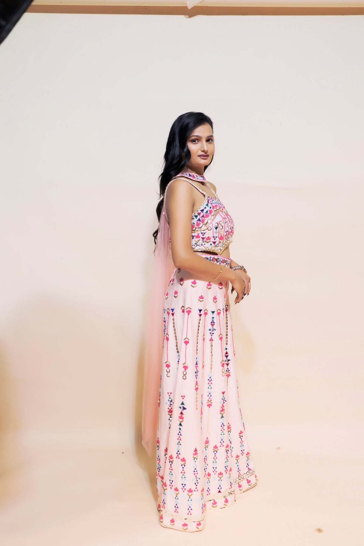 Blushing Beauty: Baby Pink Silk Dress With Intricate Patti, Bead, And Mirror Work