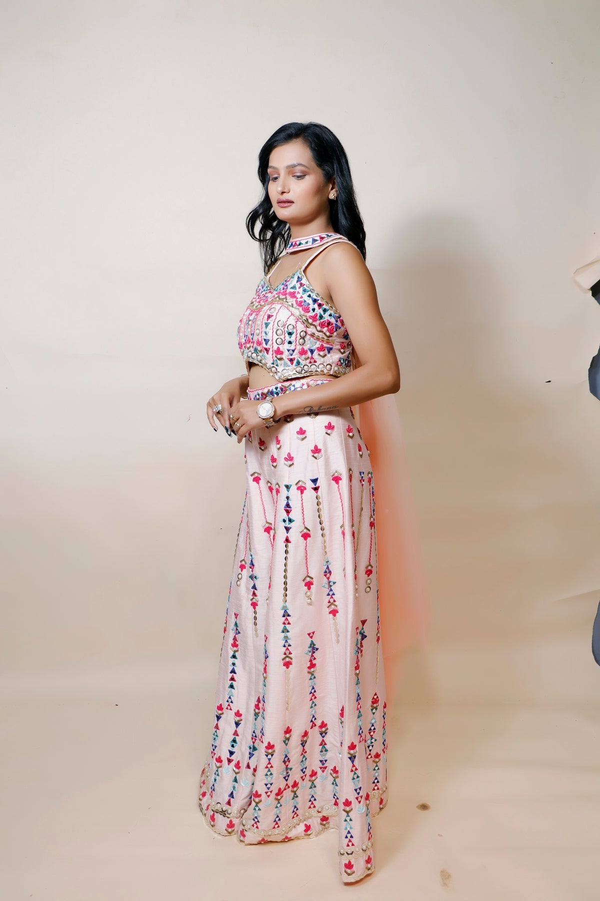 Blushing Beauty: Baby Pink Silk Dress With Intricate Patti, Bead, And Mirror Work