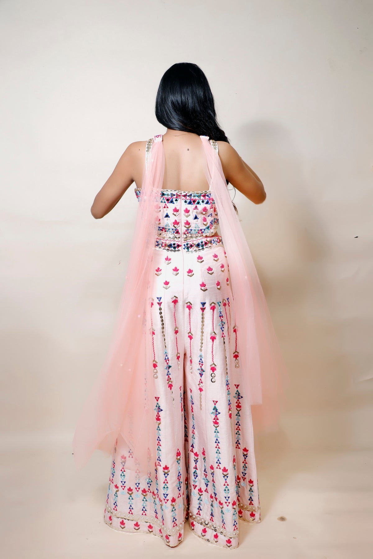 Blushing Beauty: Baby Pink Silk Dress With Intricate Patti, Bead, And Mirror Work