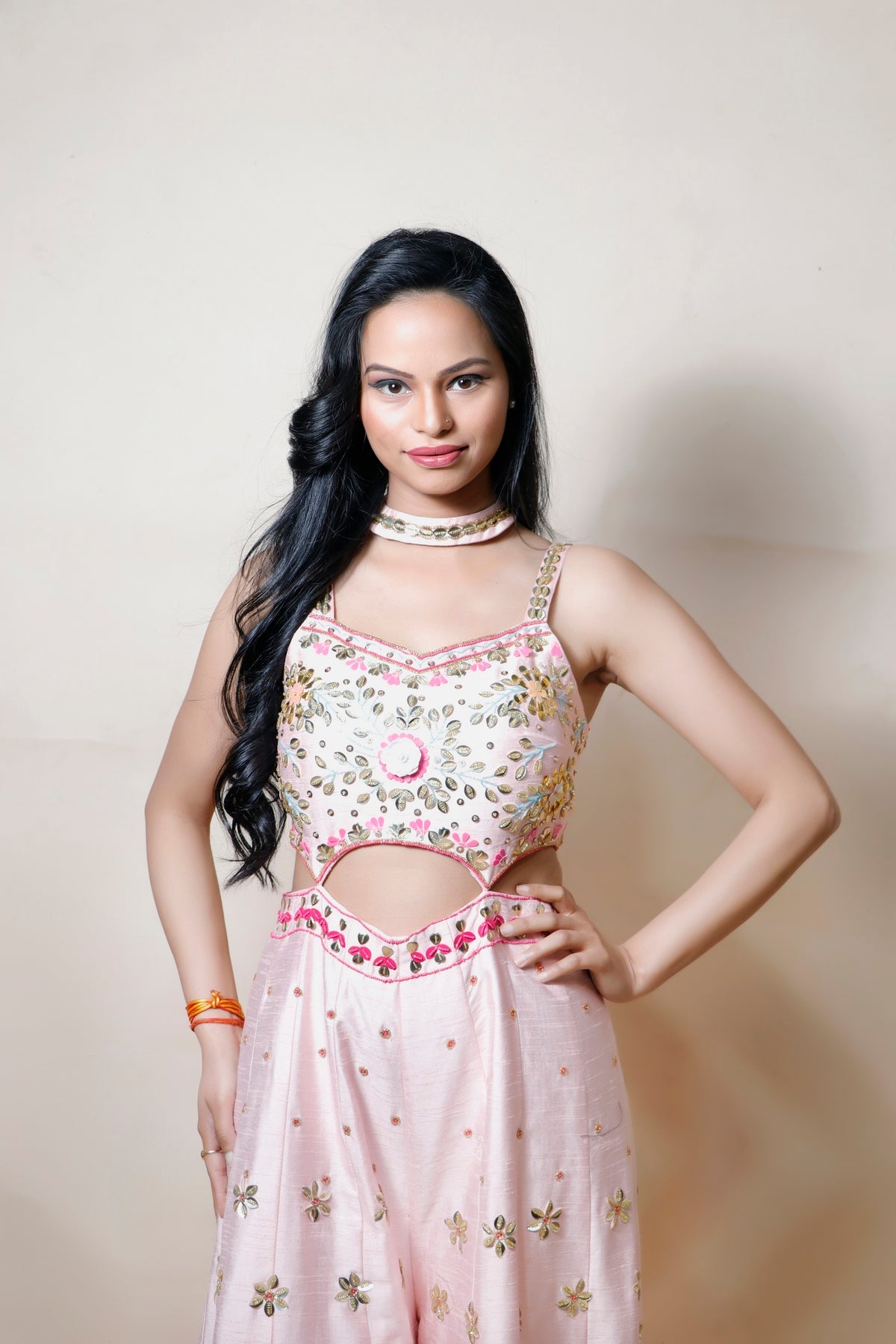 Beaded Baby Pink Silk Dress with Intricate Patti Work