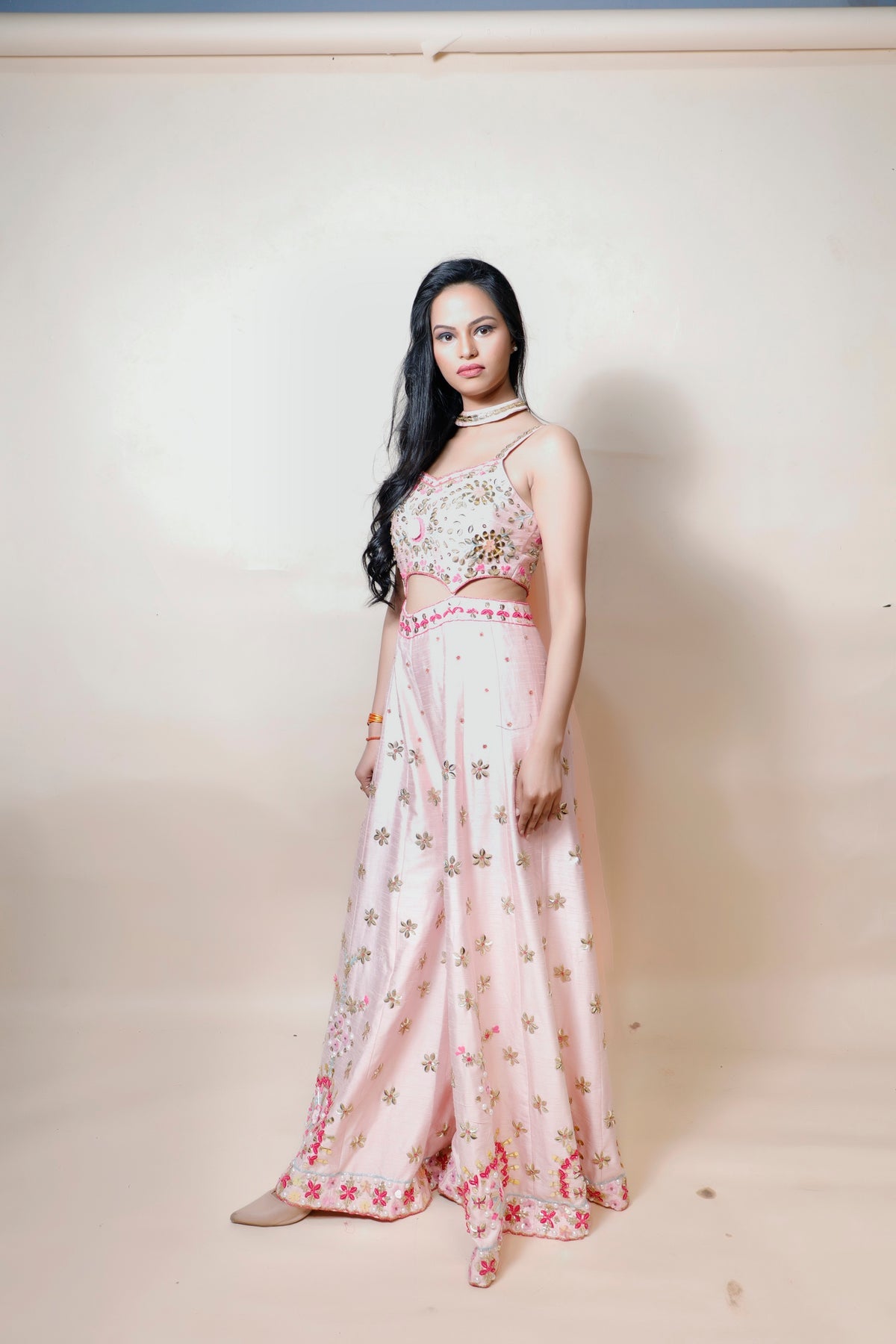 Beaded Baby Pink Silk Dress with Intricate Patti Work