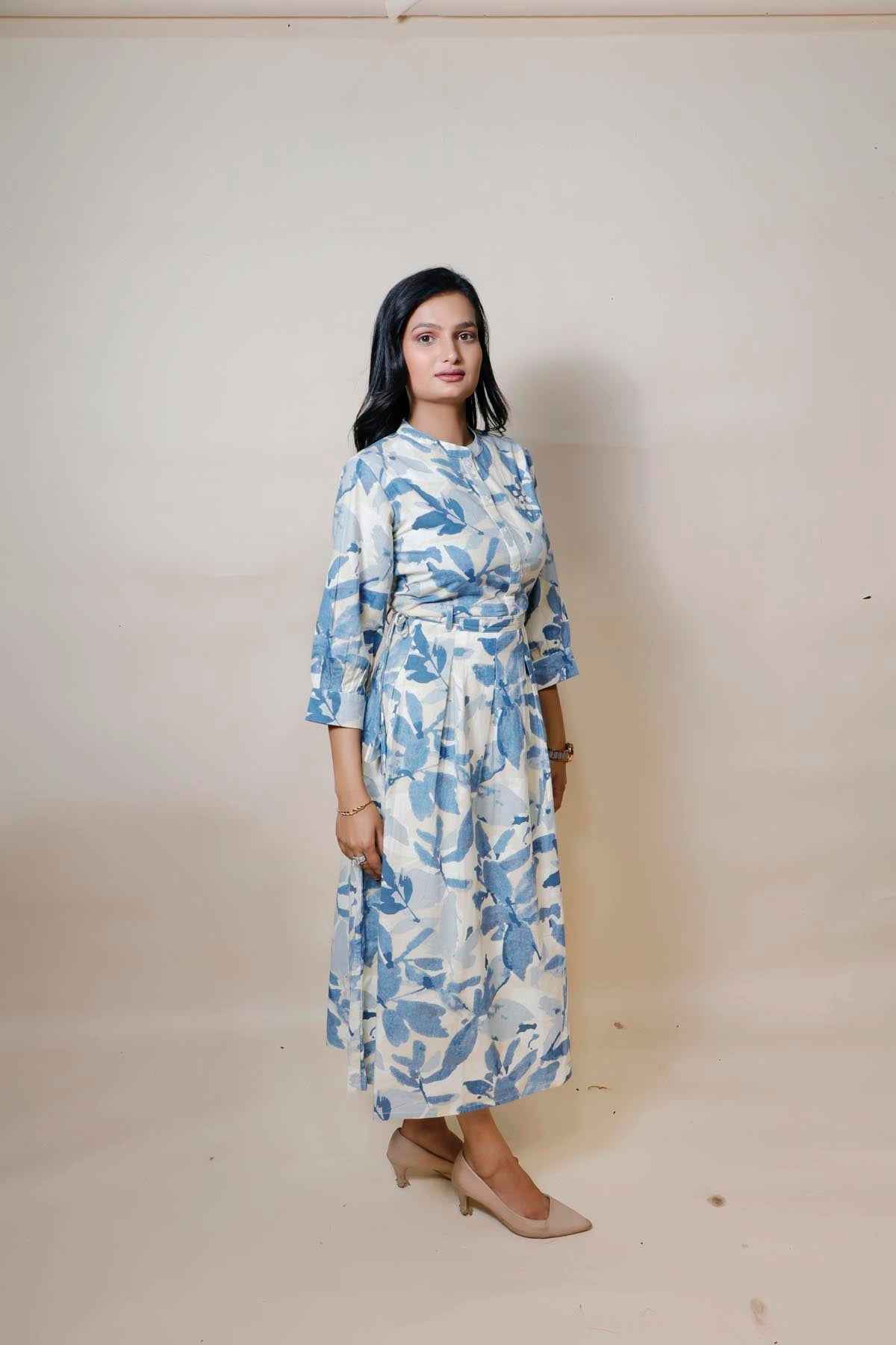 Stunning Blue and White Floral Print Cotton Dress