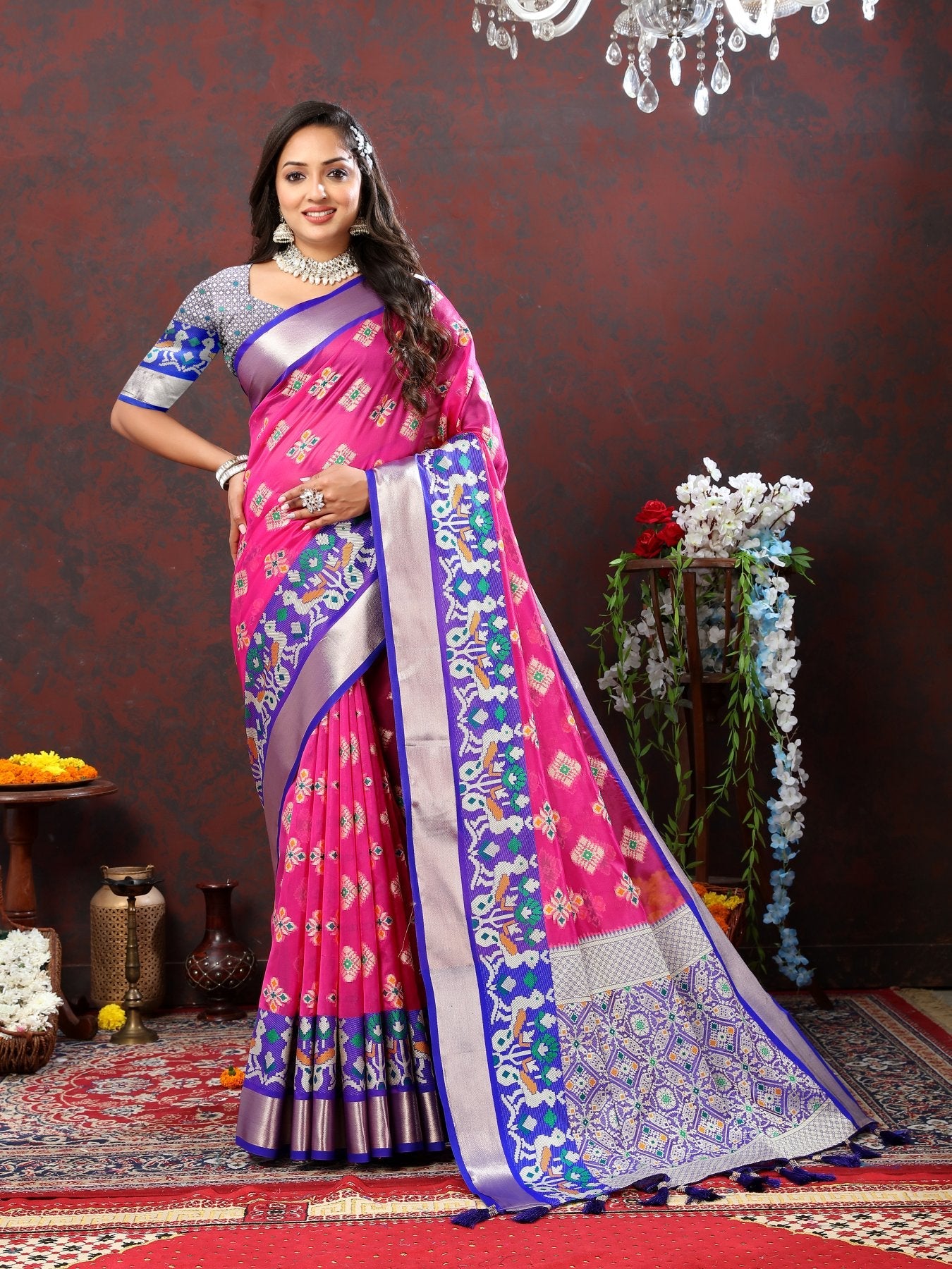 Splendiferous Dark Pink Organza Silk Saree With Fragrant Blouse Piece