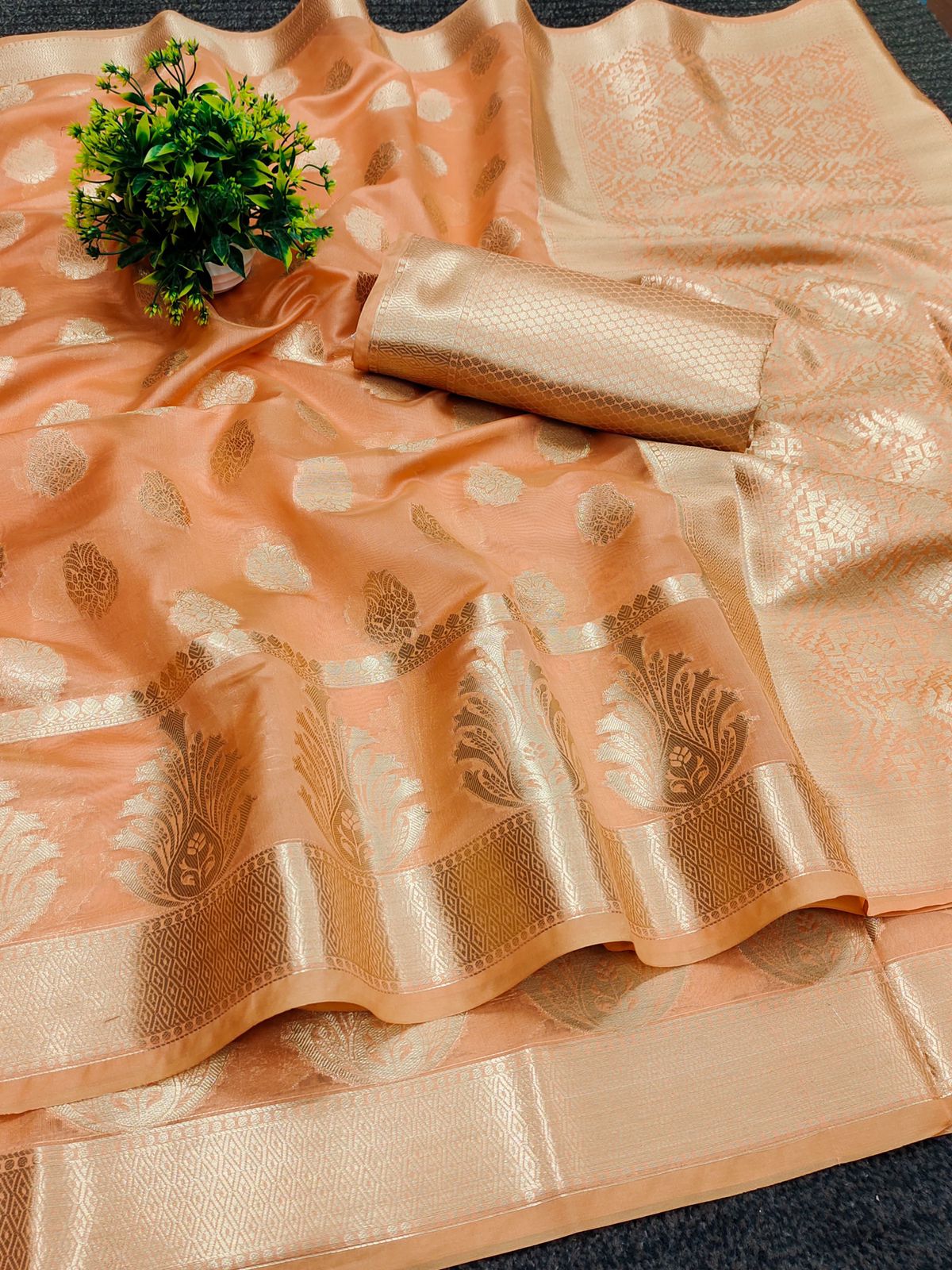 Tempting Peach Organza Silk Saree With Comely Blouse Piece
