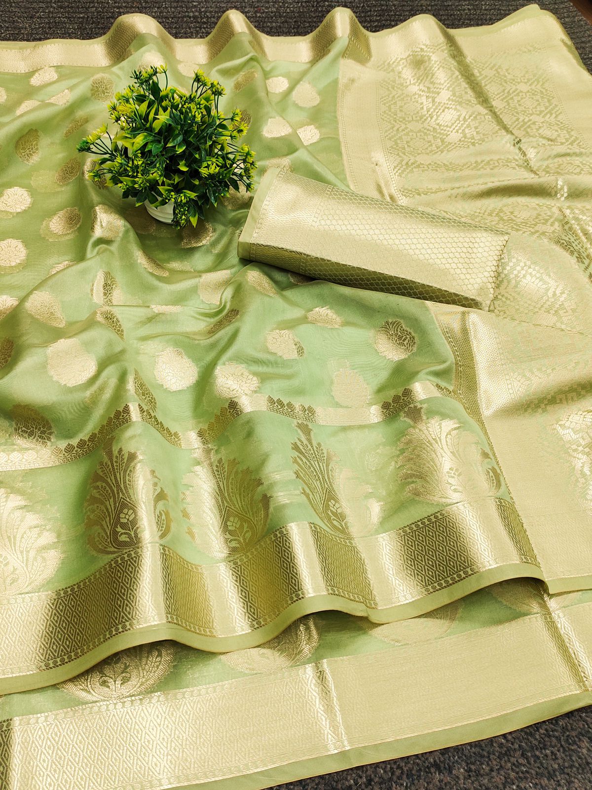 Imaginative Pista Organza Silk Saree With Comely Blouse Piece