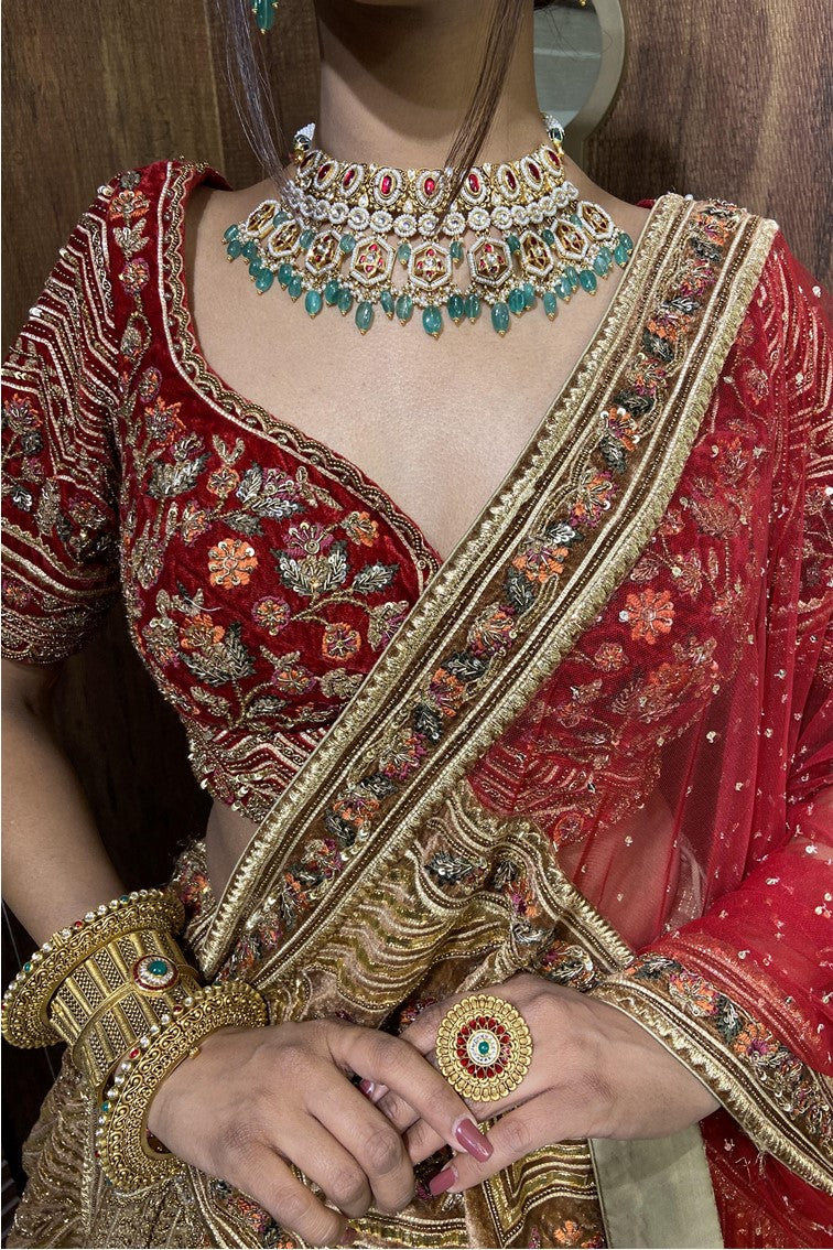 Beautiful Red & Golden Colored Hand Embroidered Bridal Lehenga
