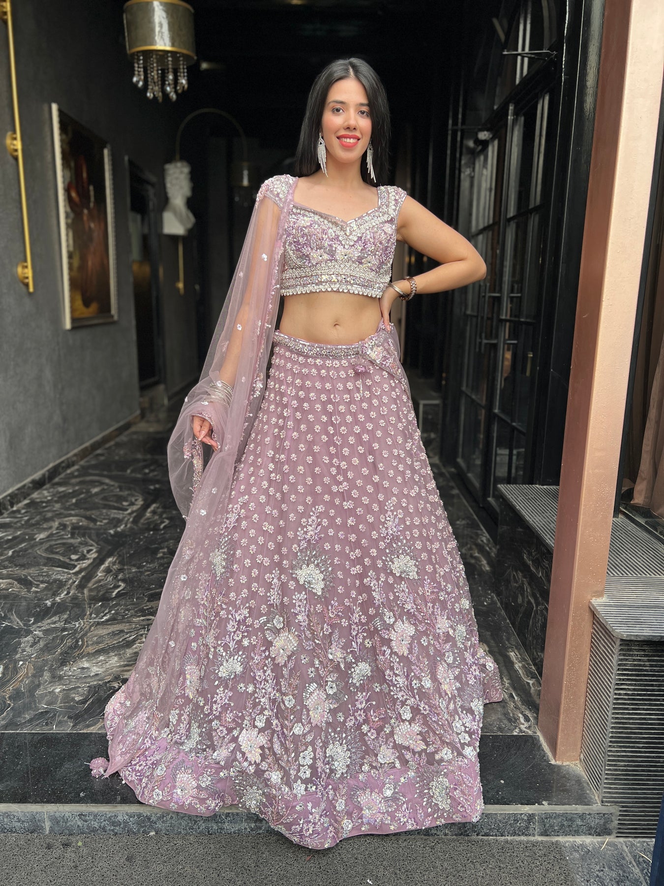 adorable muve color floral motif embroidered lehenga