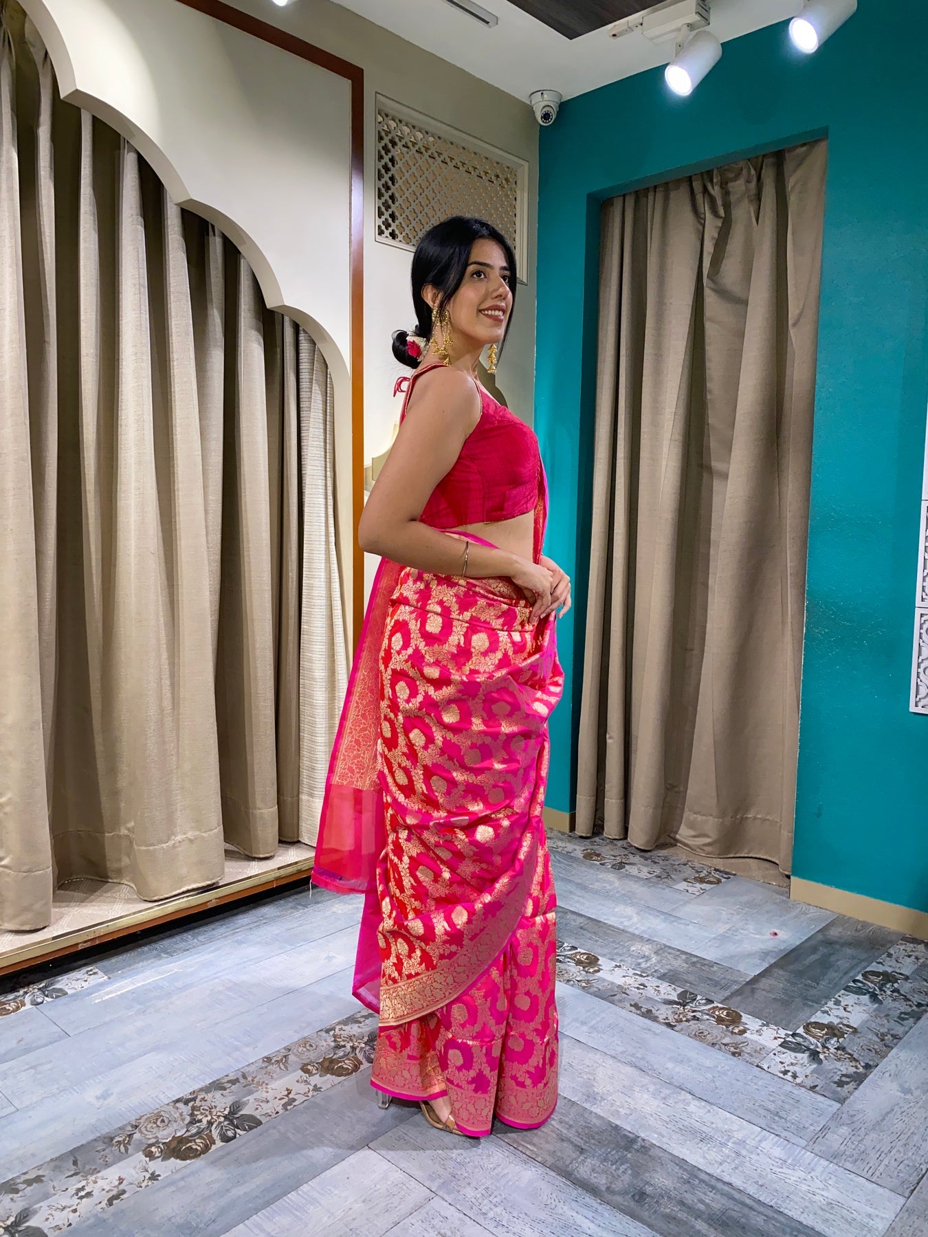 Elegant dark pink color floral motif hand woven saree