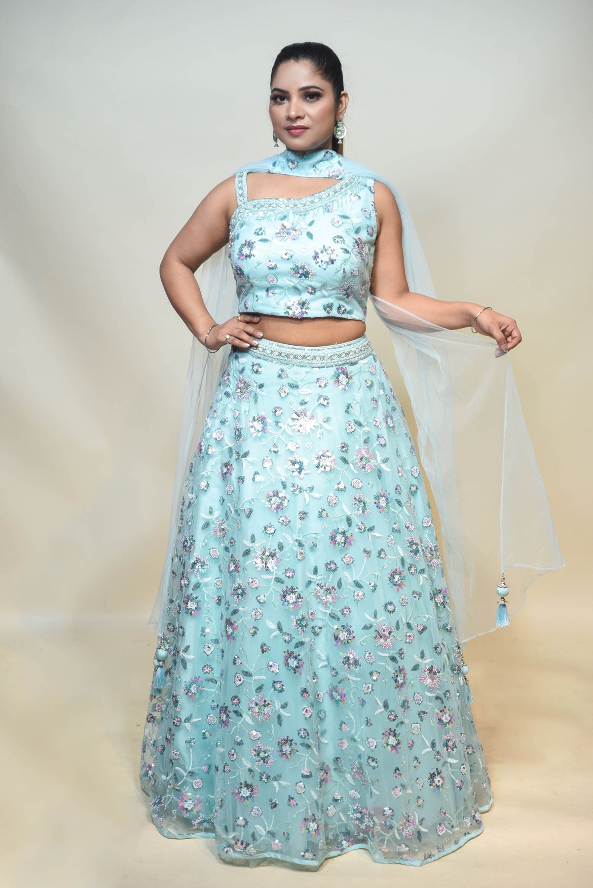 gorgeous blue color floral motif embroidered lehenga