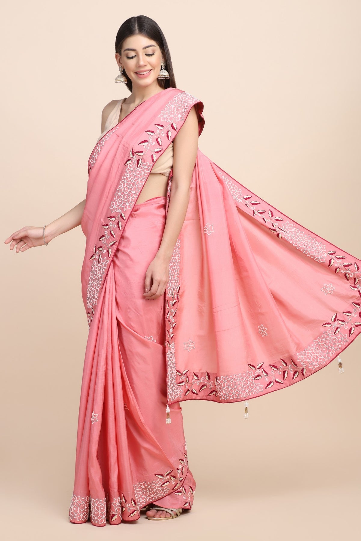 Gorgeous pink floral embroidered saree