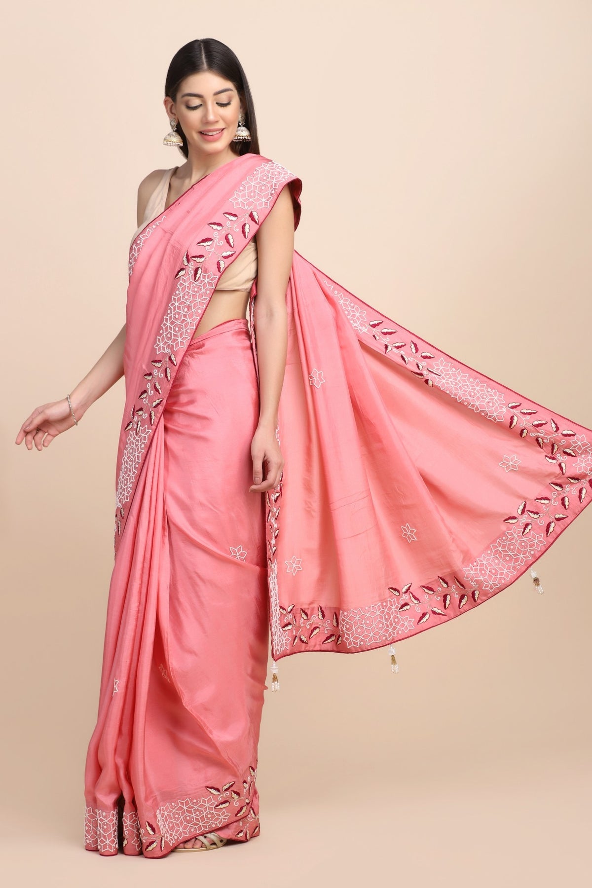 Gorgeous pink floral embroidered saree
