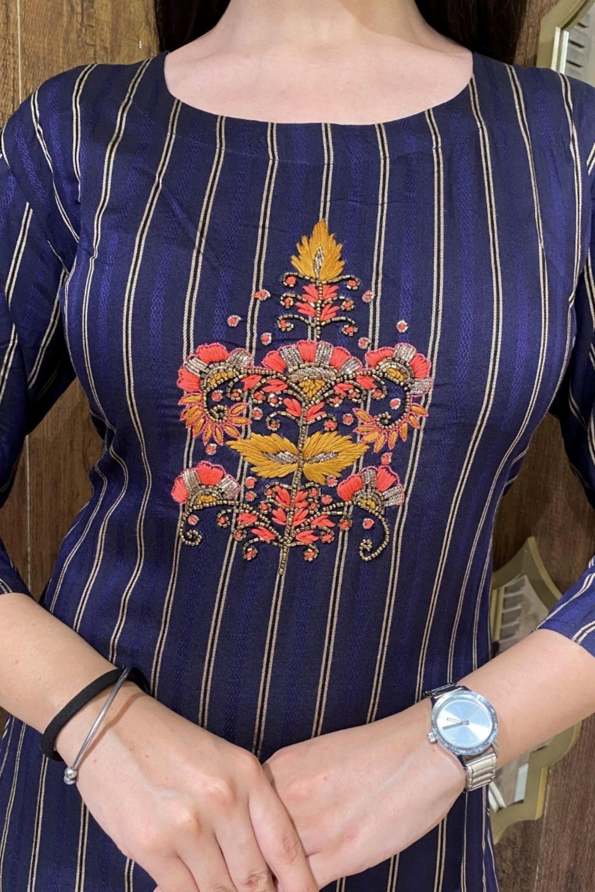 Blue Kurti With Self Texture And Embellishments