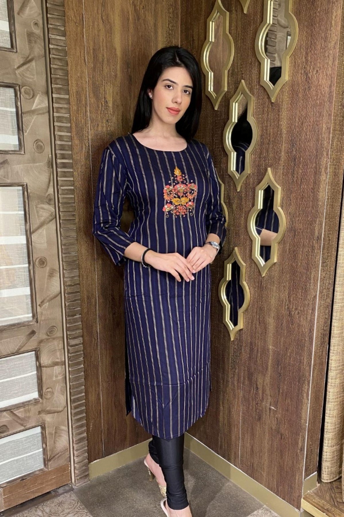 Blue Kurti With Self Texture And Embellishments