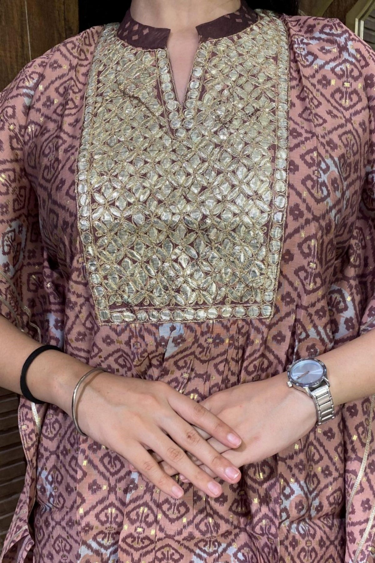 Light wine printed kurti with embellishments and pants