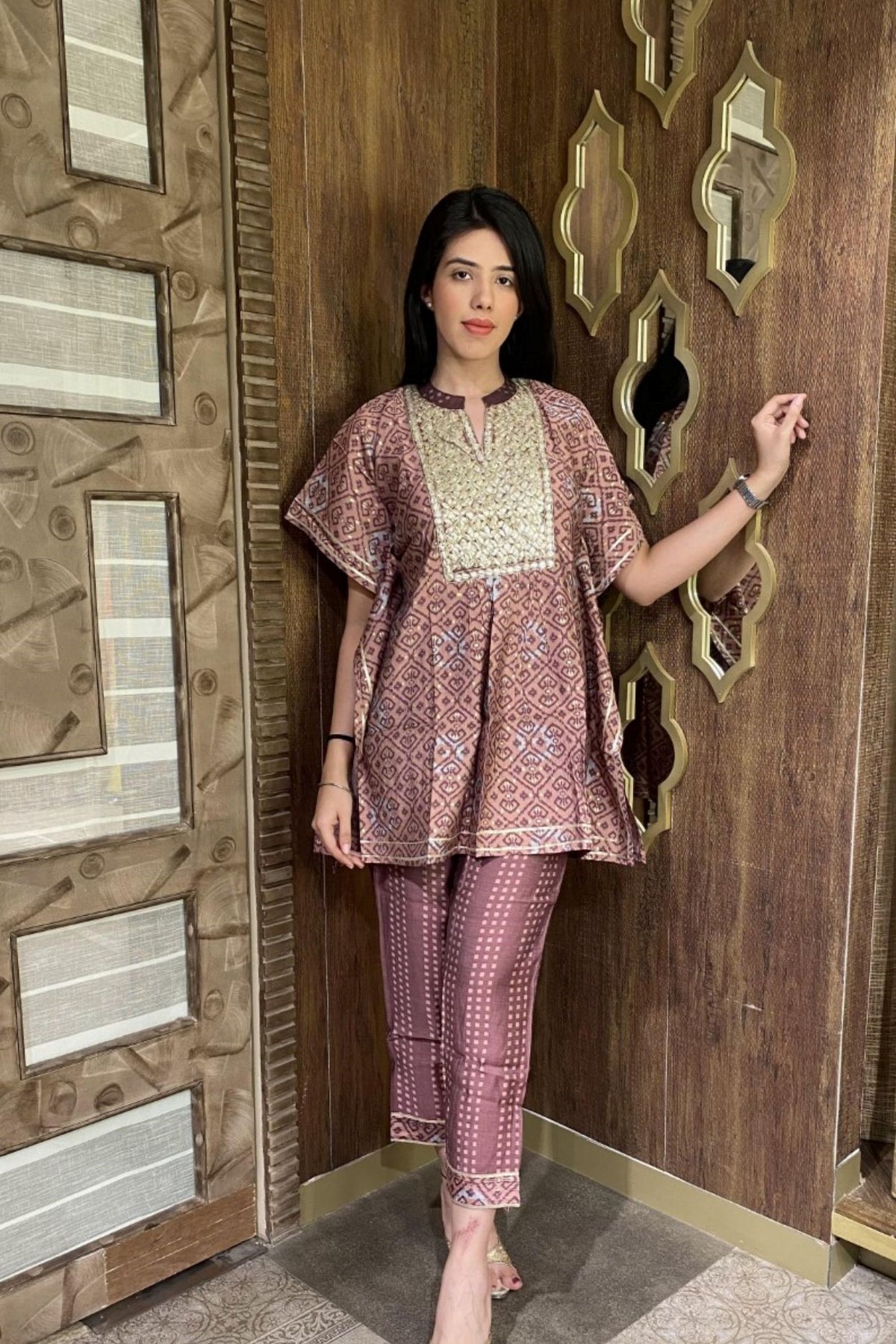 Light wine printed kurti with embellishments and pants